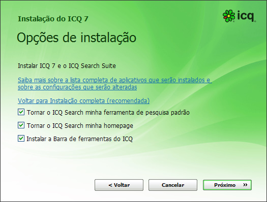 tela de instalação do icq 7 com porcaria escondida