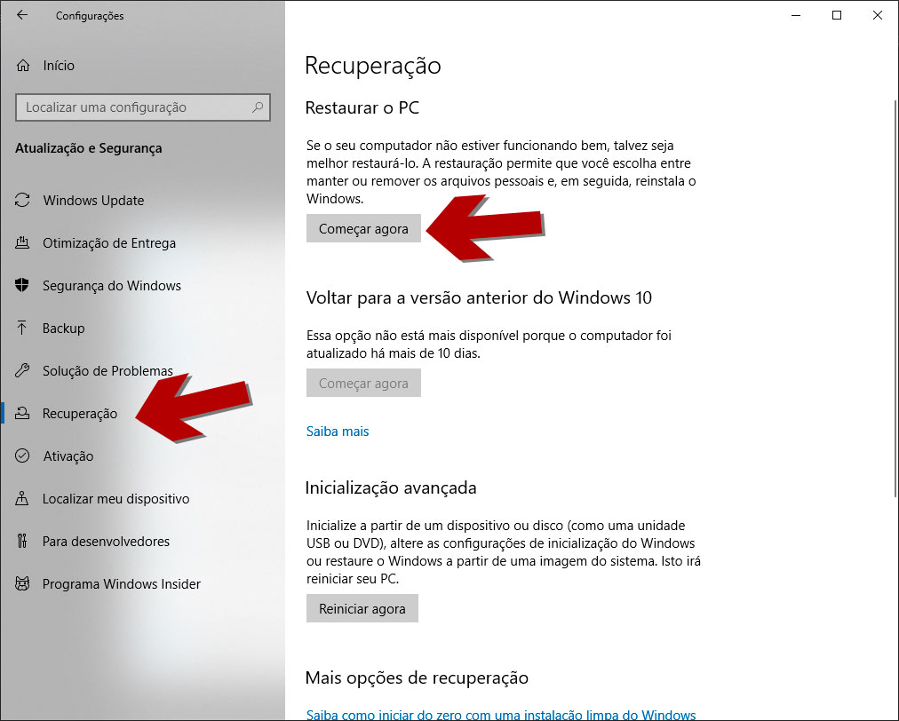 Recuperação do Windows 10